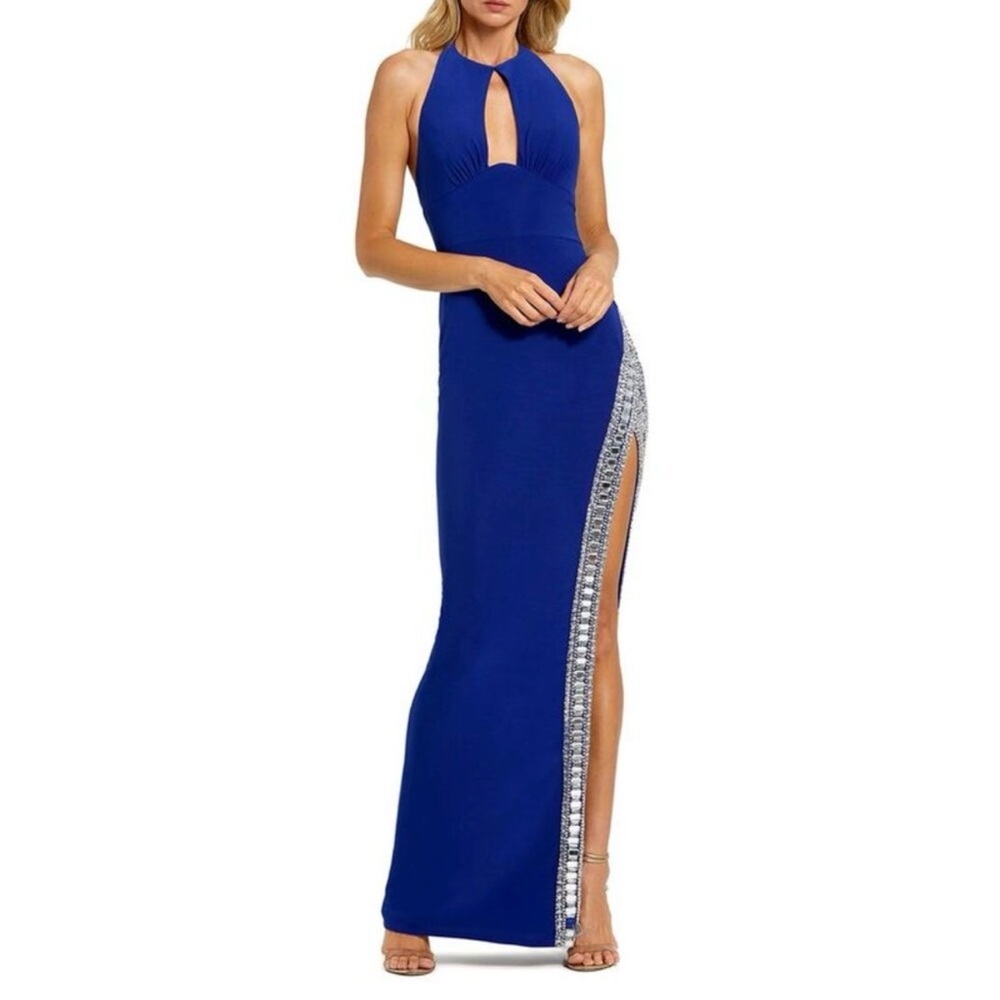 Mac Dugal Elegant Blue Evening Gown with Rhinestone Trim Slit size 6 Style 42053